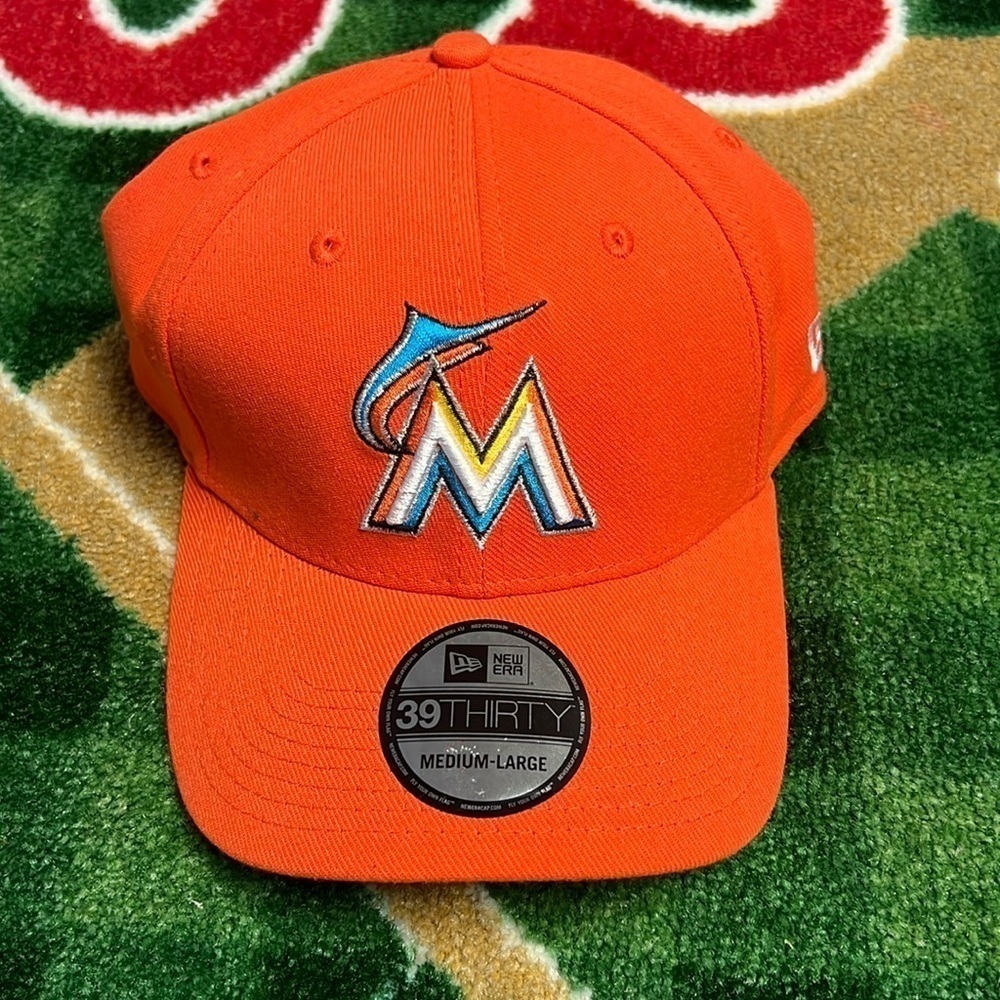 MLB Miami Marlins New Era 39THIRTY Stretch Fitted Baseball Cap Hat Orange M/L